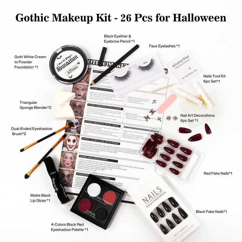 بيوسيلف مجموعة مكياج قوطي - مجموعة مكياج قوطي كاملة لشخصيات مصاصي الدماء، والساحرات، والمهرجين، والإيمو، والجرونج، والمسرح، ومؤثرات الهالوين الخاصة، تتضمن كريم أساس أبيض، ولوحة ظلال عيون حمراء، وأحمر شفاه أسود، ورموش، وكحل عيون، وطلاء أظافر. - Image 3